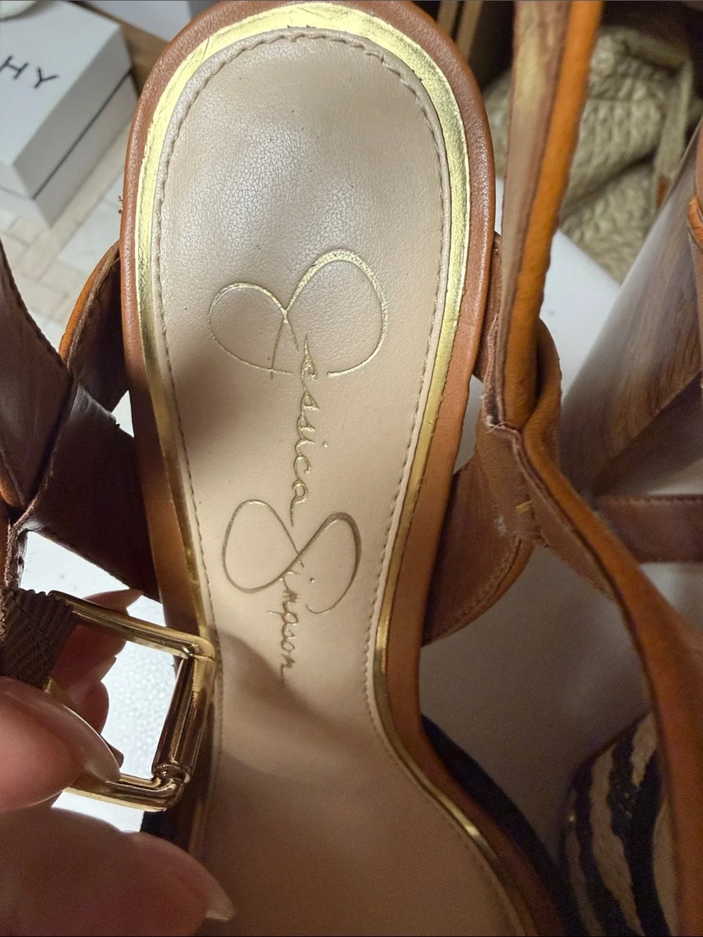 Jessica Simpson Platform Peep-Toe Sandals in Tan and Black - Women's